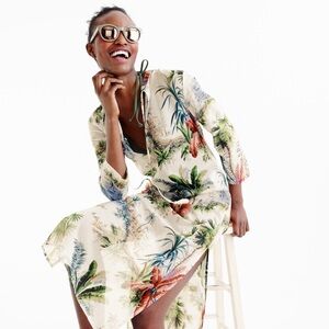 Pierre Frey for J.Crew Tropical Print Midi Dress XS Ivory Cotton Tie Neck